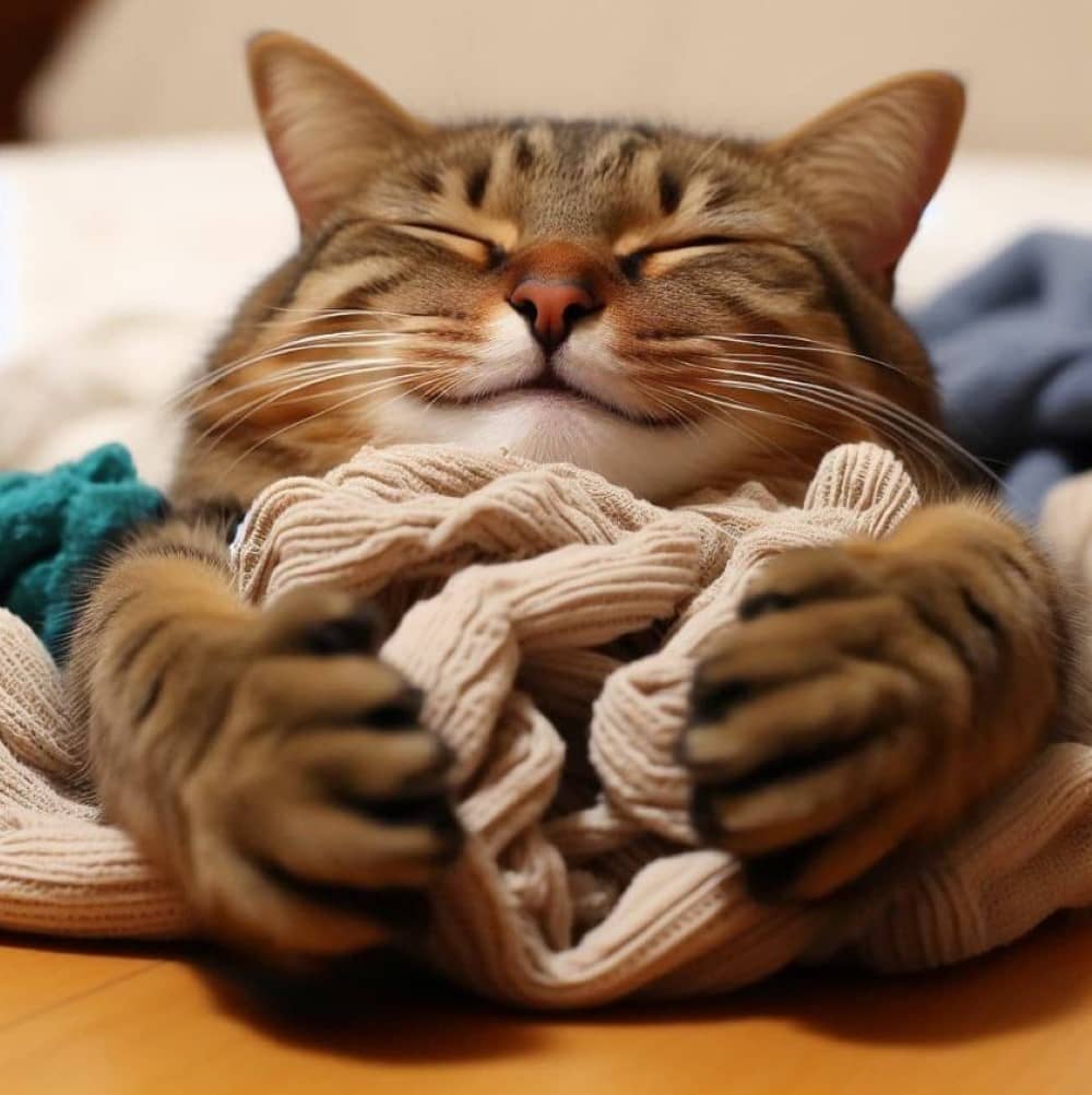 Счастливый кот мнет одеяло и улыбается