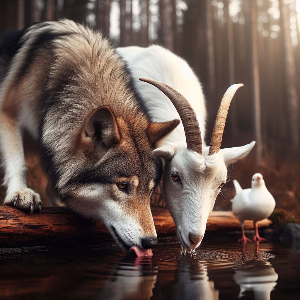 волк и коза пьют воду