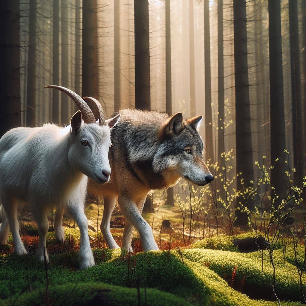 волк и коза гуляют в лесу