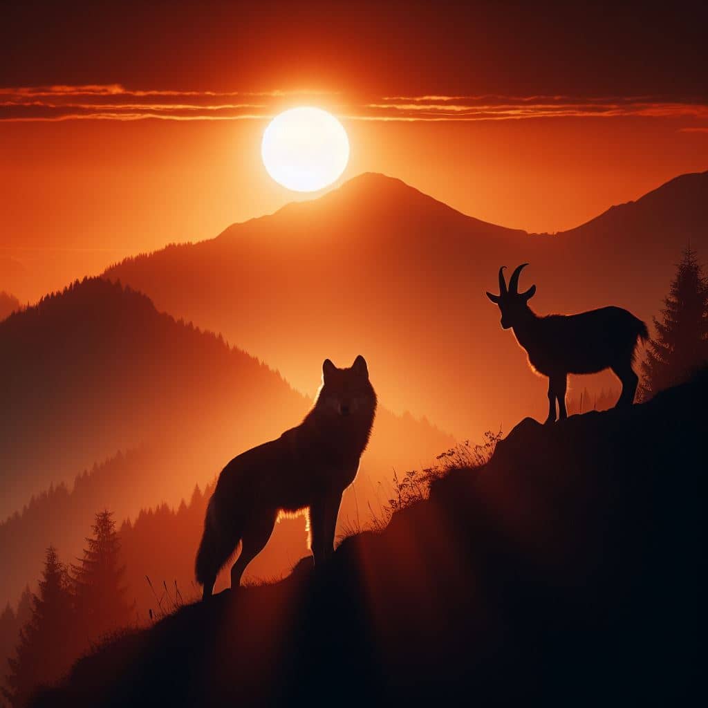 волк и коза на холме под закатом