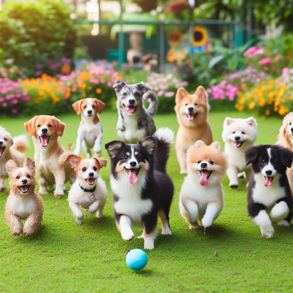 Маленькие счастливые собачки бегут по лужайке