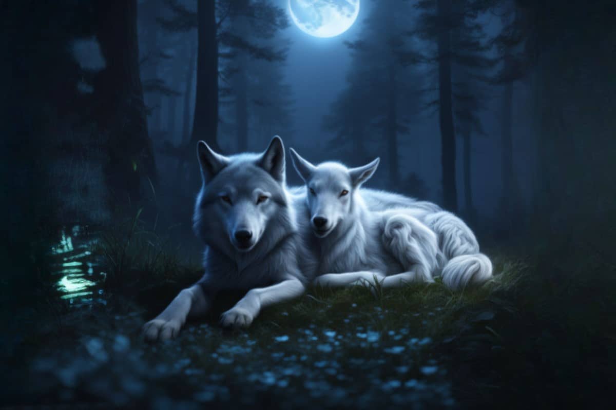 a wolf and a goat in the forest sleep together under the moon