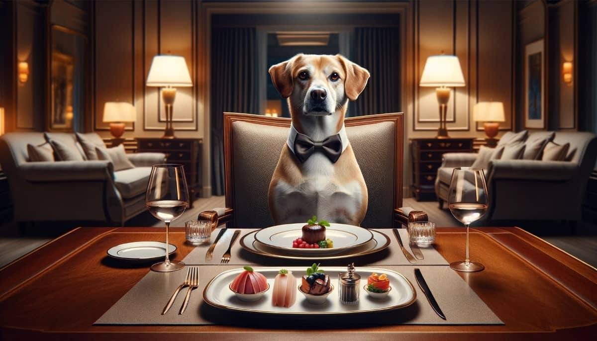 a dog at the table, a choice of luxury food