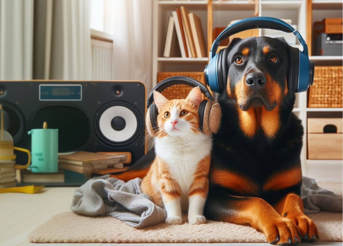 cat and dog listen to music in headphones