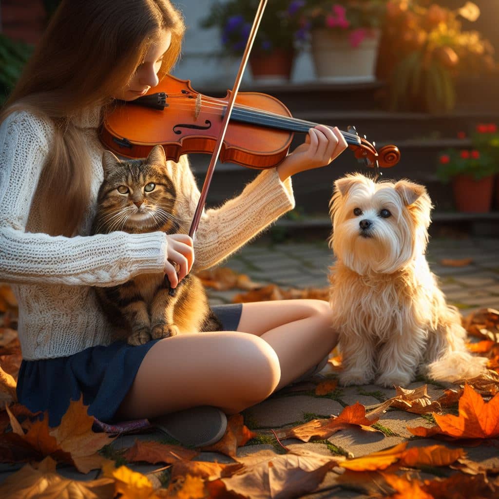 кошка и собака слушают игру на скрипке