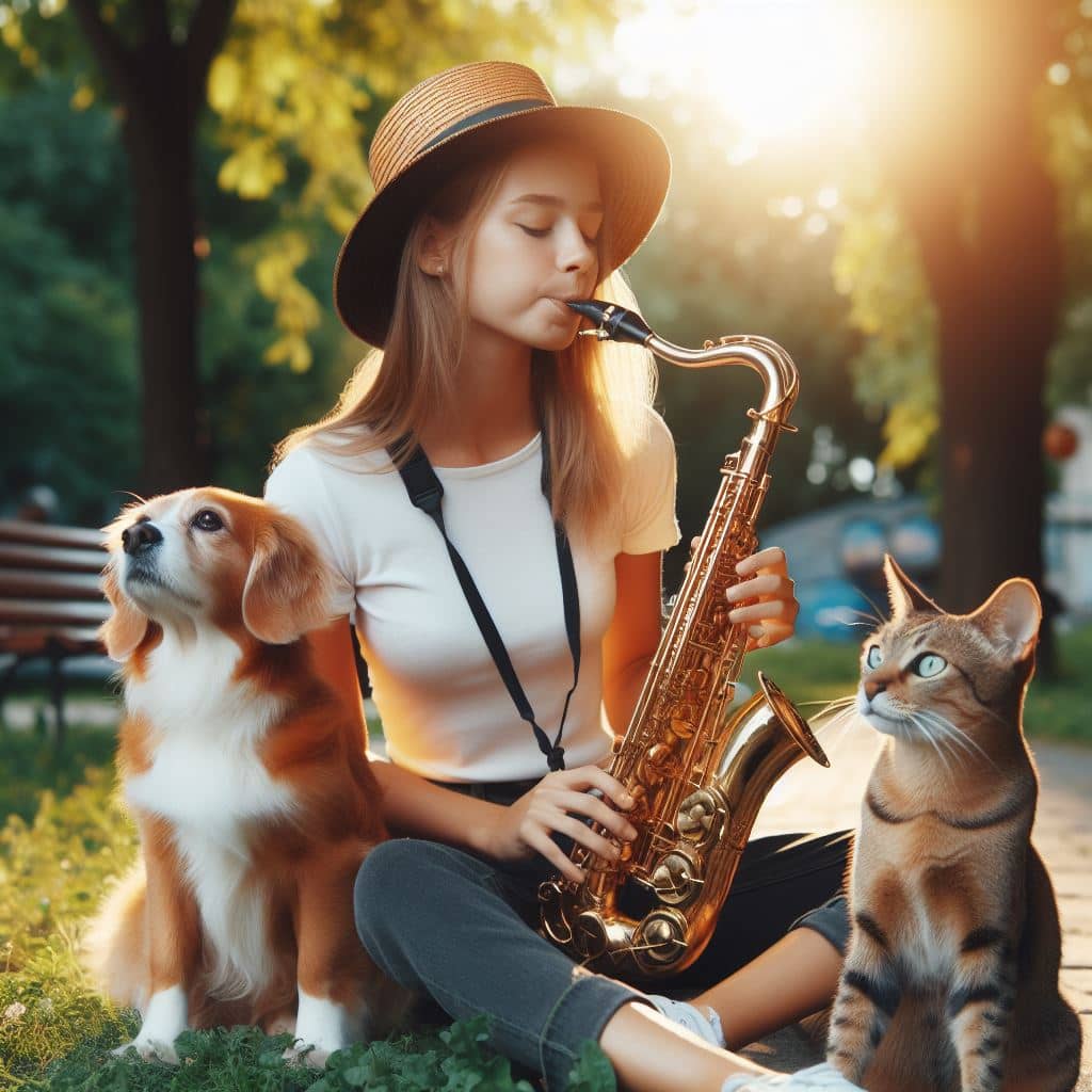 дівчина, кішка і собака в парку грають музику 