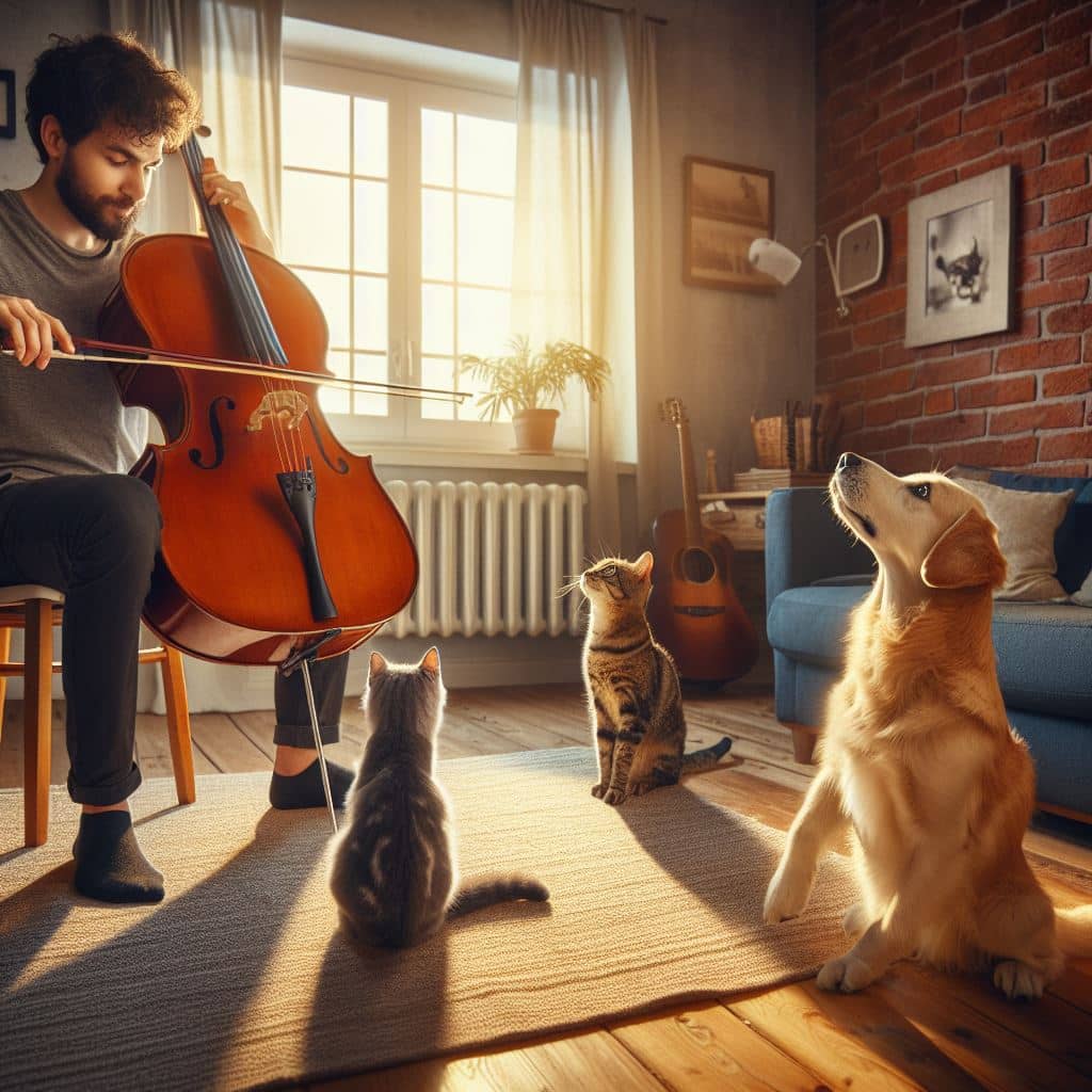 животные слушают как хозяин играет музыку