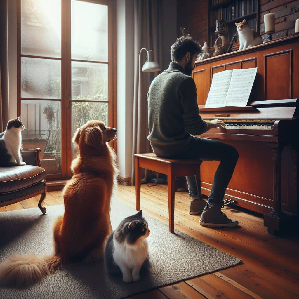 кішка і собака слухають гру на піаніно