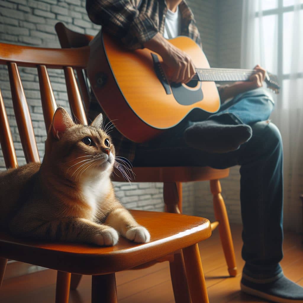 Кошка слушает игру на гитаре