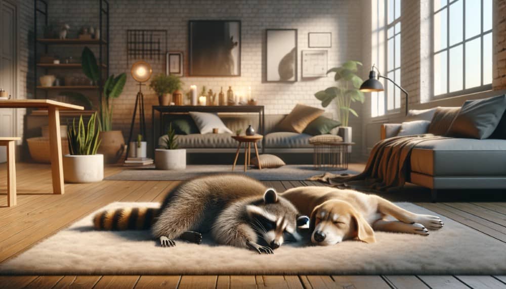 Енот и собака мило спят вместе на коврике