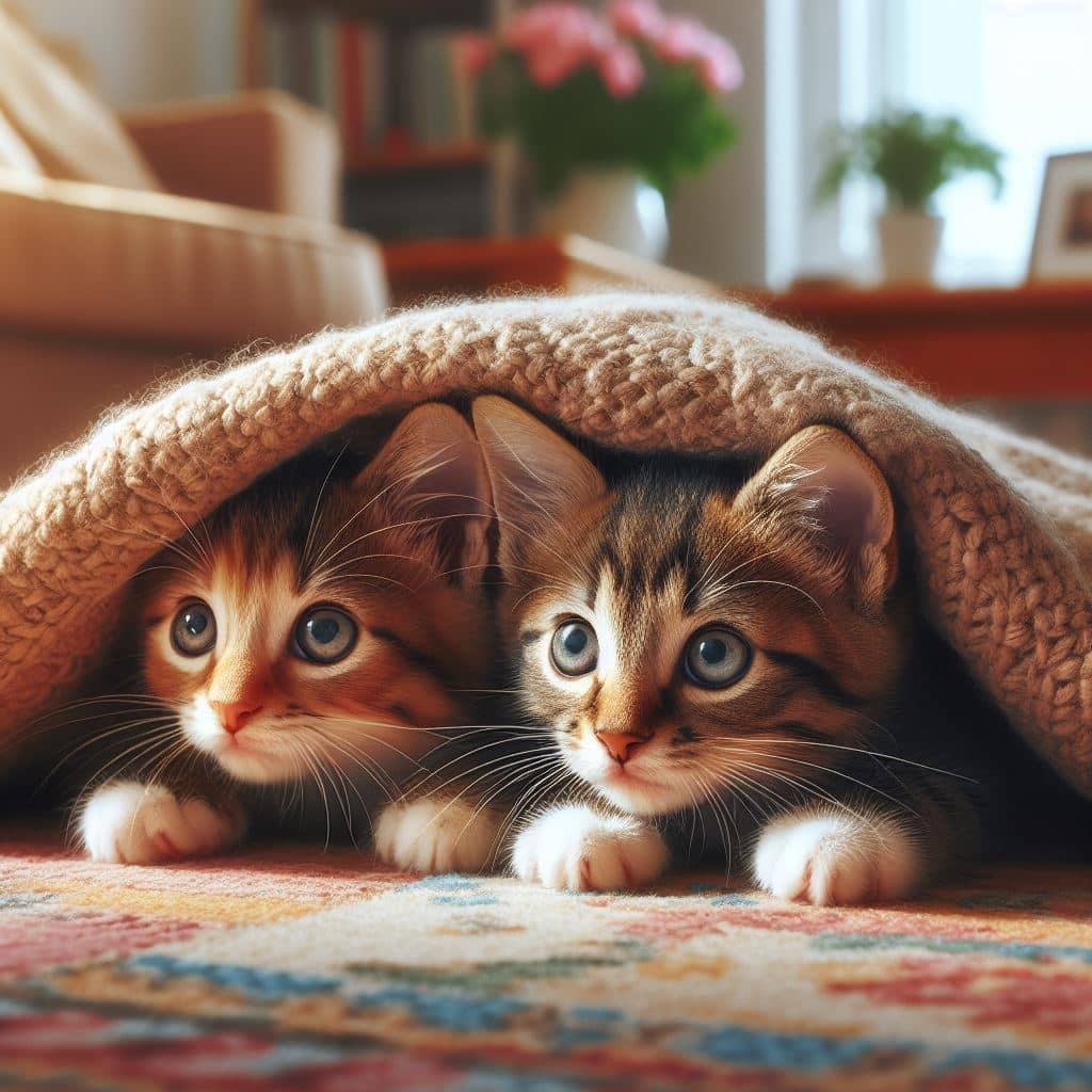 котята прячутся под покрывалом