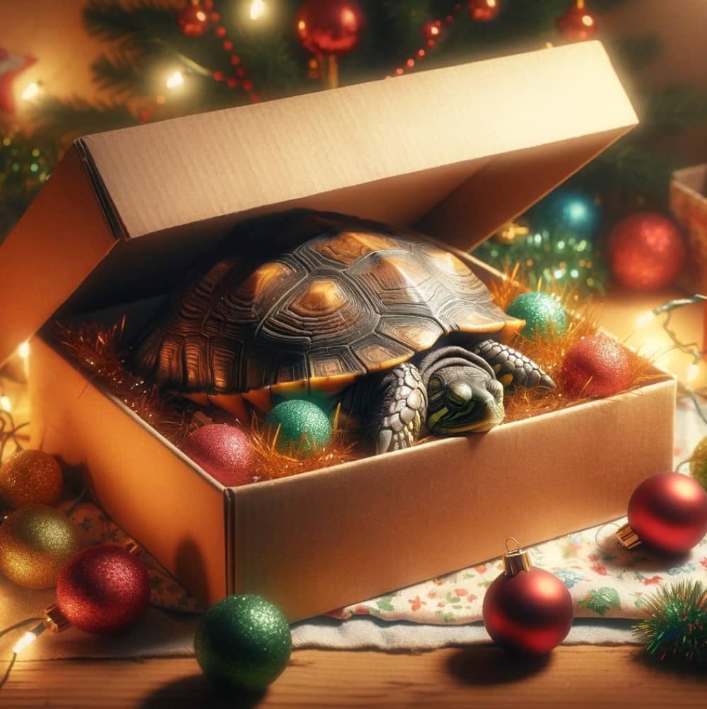 Черепаха спит в коробке