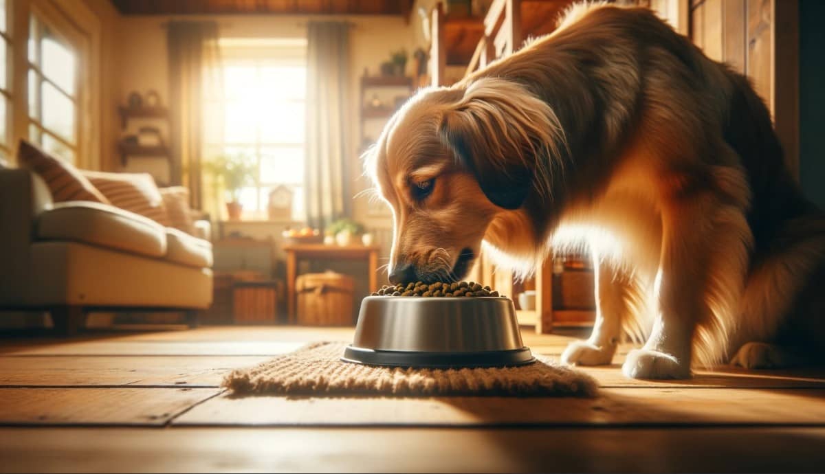 собака їсть сухий гранульований корм з миски