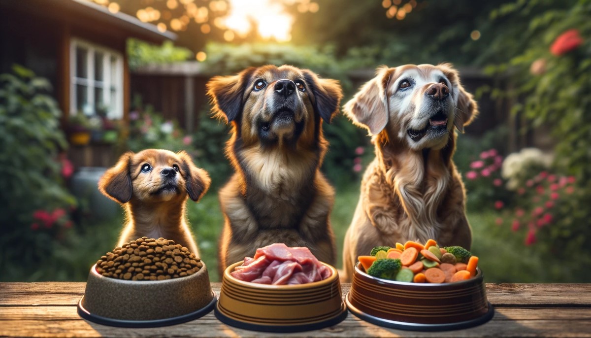 Собаки вибирають їжу - корм, м'ясо або овочі