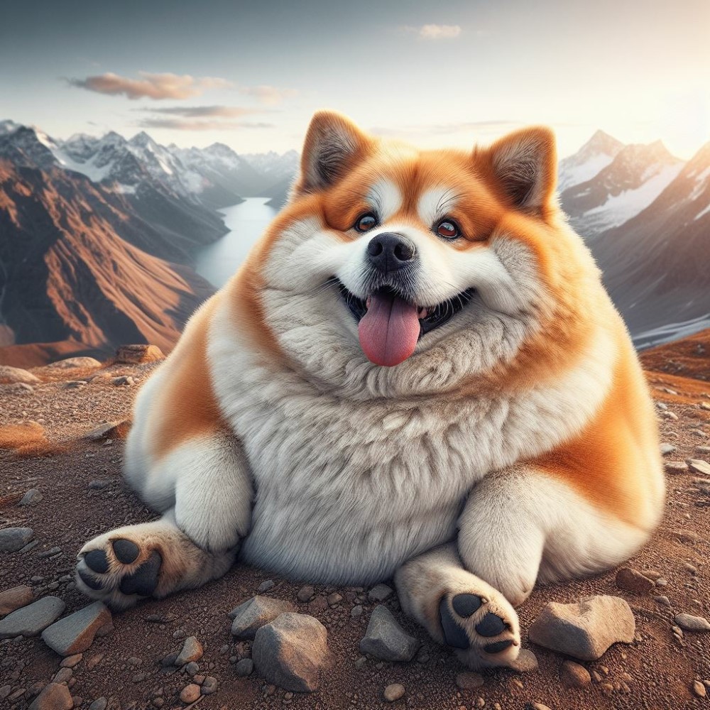 Очень толстая и забавная собака сидит в горах