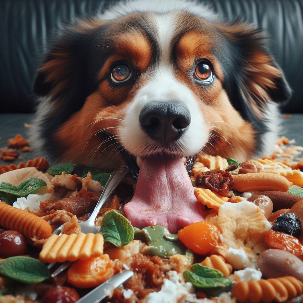 Собака положила язык на кучу еды