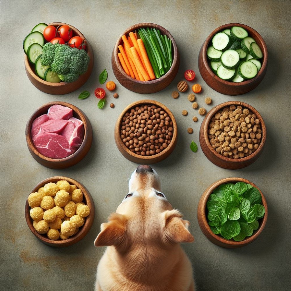 Собака перед выбором нескольких блюд разных типов. вид сверху