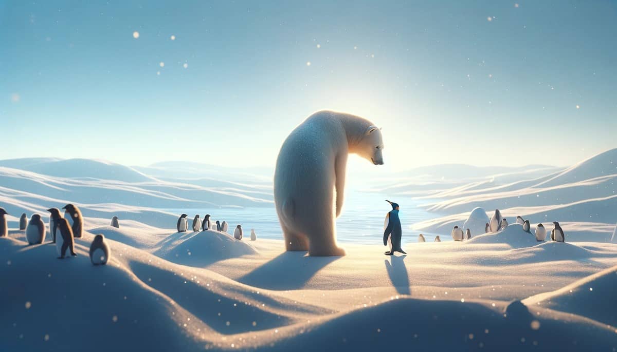 білий ведмідь здивовано дивиться на пінгвіна
