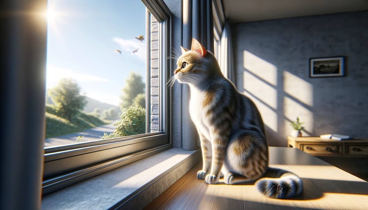 кіт сидить на підвіконні в сонячний день і дивиться за вікно