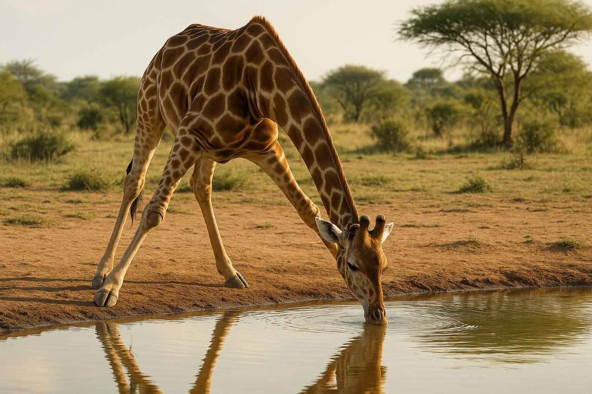 Жираф намагається попити воду