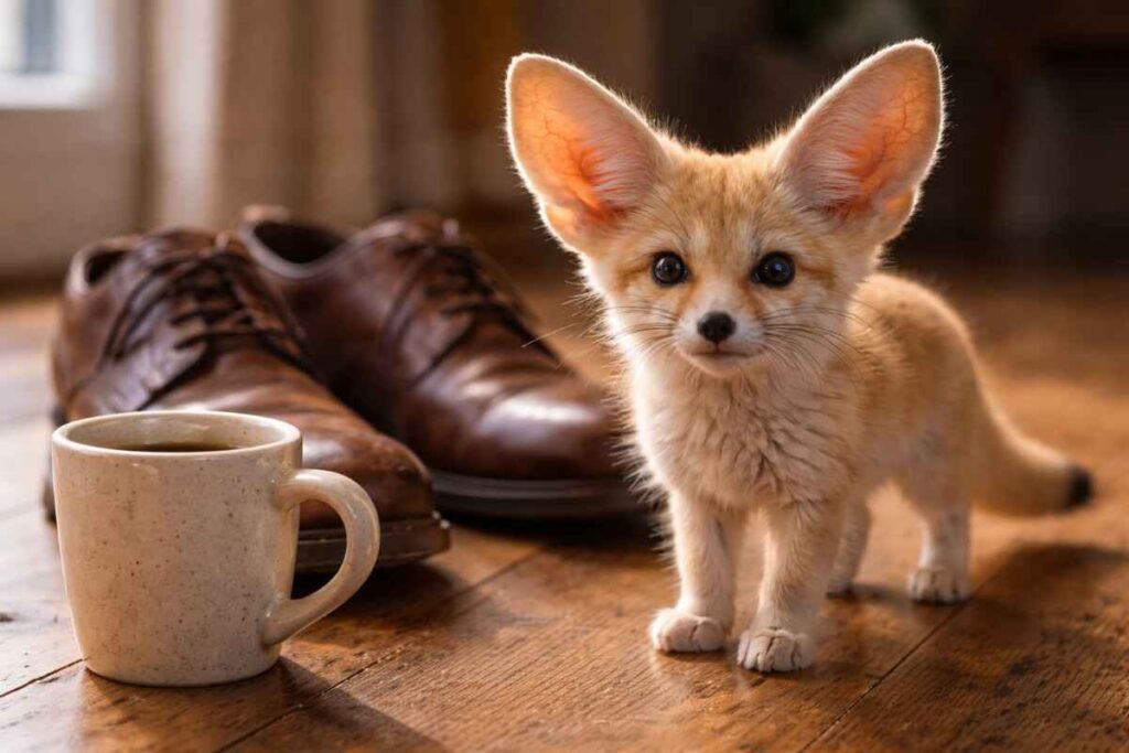 Лисиця фенек поруч із взуттям, що демонструє її мініатюрний розмір.