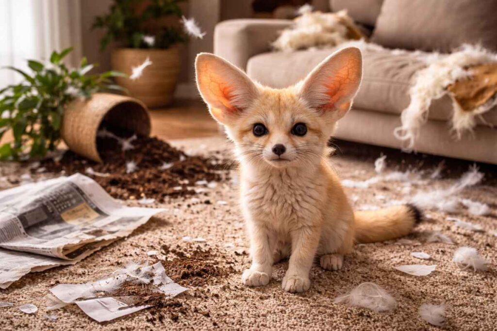 Кумедний фенек на фоні розкиданих речей у квартирі.