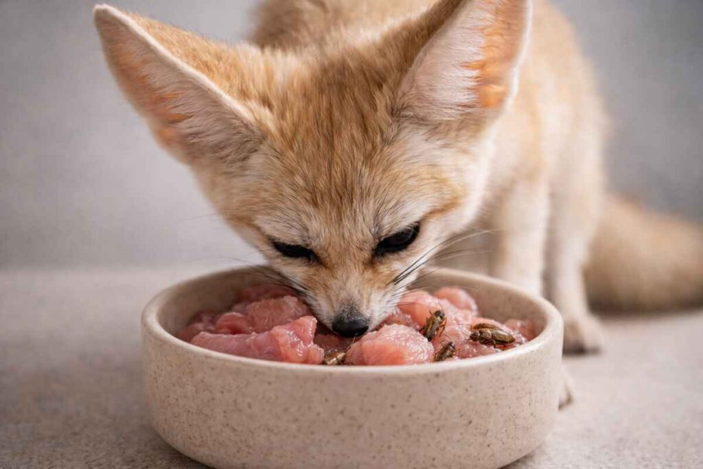 Правильне харчування домашнього фенека: м'ясо та комахи.