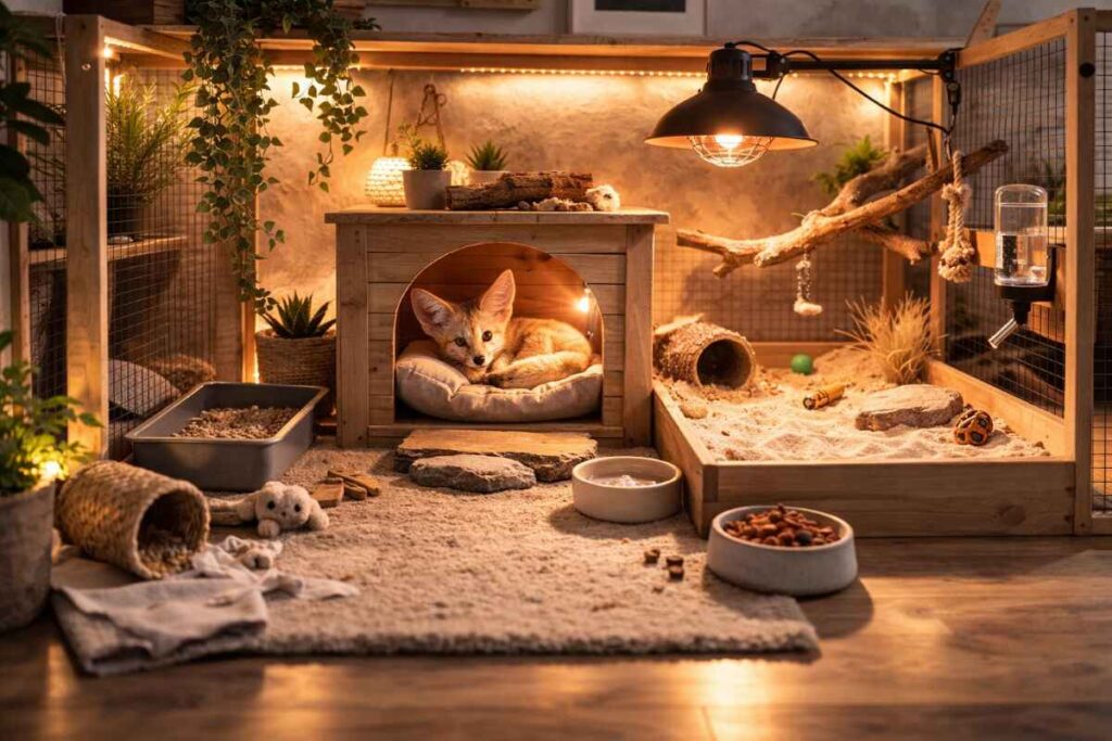 Облаштоване місце для життя фенека в домашніх умовах.