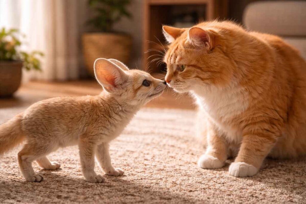 Взаємодія домашньої лисиці фенек із котом.