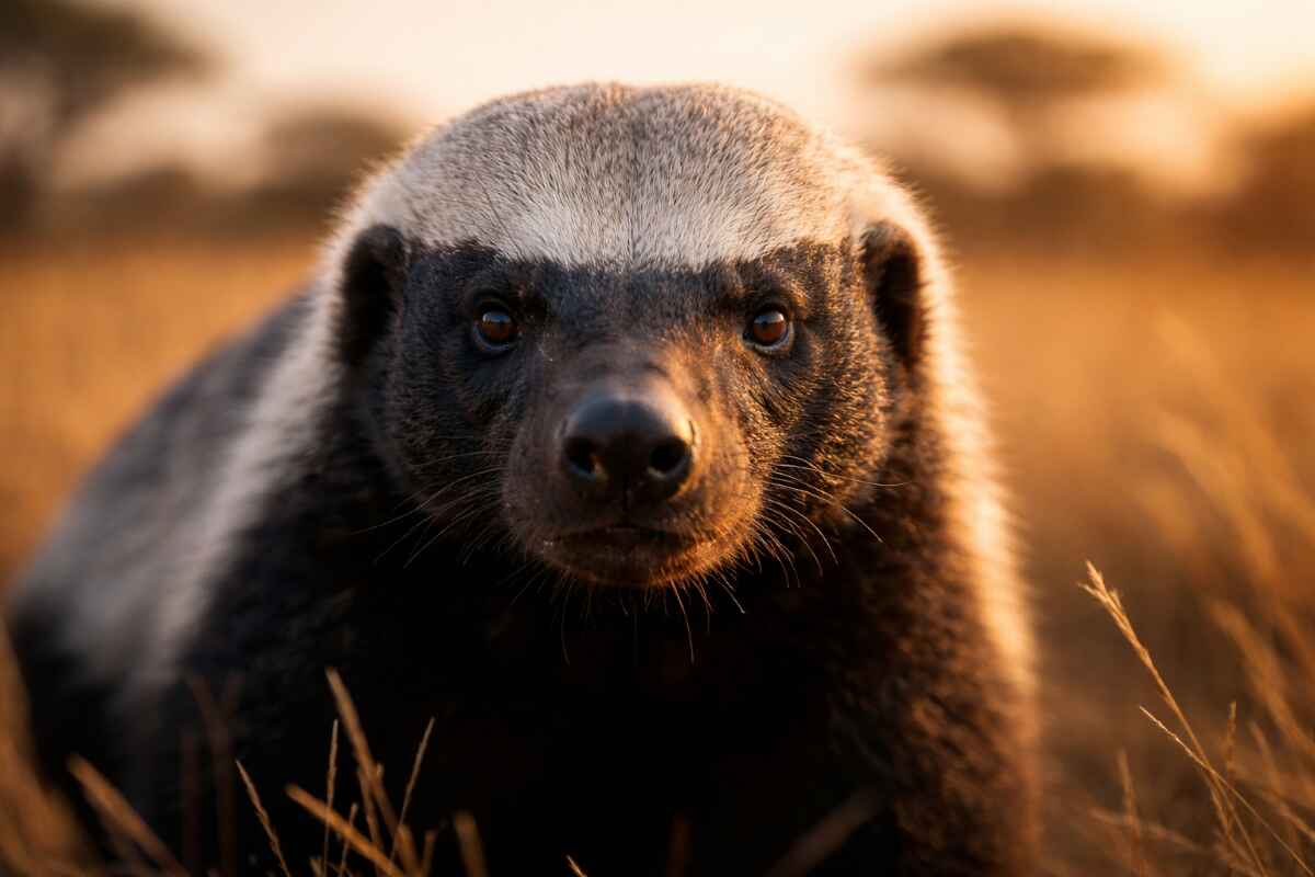 Медоїд (ратель) крупним планом на фоні дикої природи Африки.