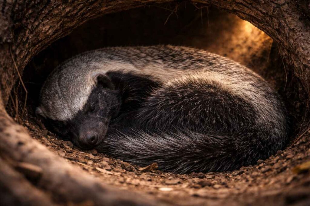 Медоїд мирно спить у своїй норі після полювання.