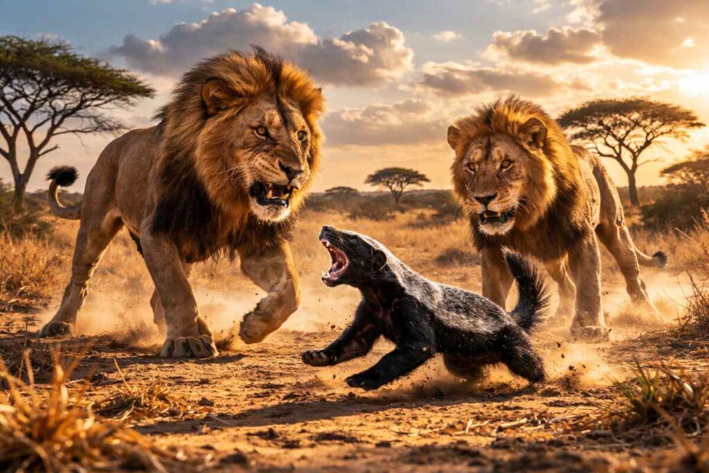 Маленький медоїд сміливо протистоїть групі левів у савані.