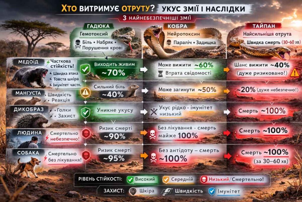 Інфографіка - хто краще за медоїда витримає отруту укусу змії