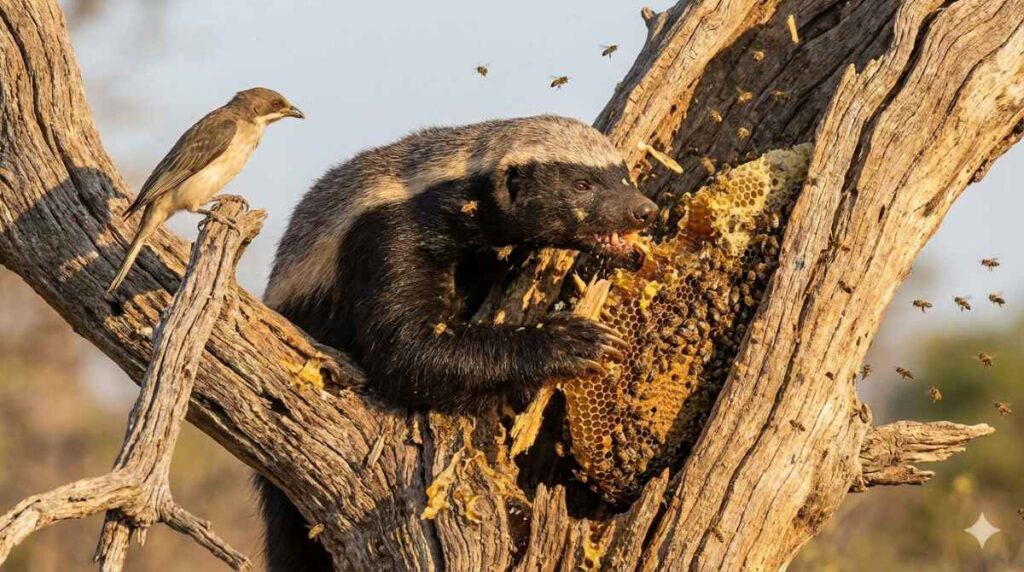 Медоїд розриває бджолиний вулик у старій термітнику, а поруч на гілці сидить маленька пташка.