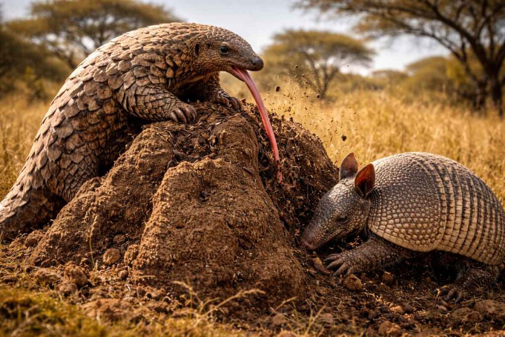 Пангалін та броненосець разом біля мурашника, кумедне порівняння їхньої поведінки