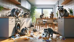 several raccoons causing a mess in an apartment