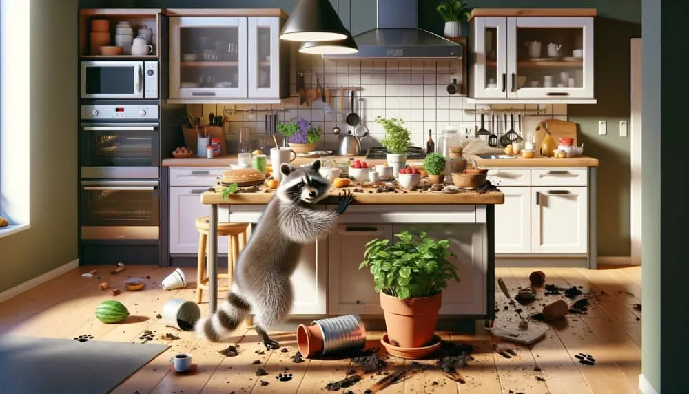 єнот краде їжу на кухні