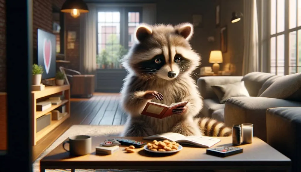 єнот читає книгу та їсть горішки