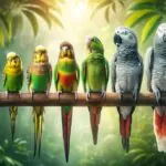 several parrots on a branch in order by size