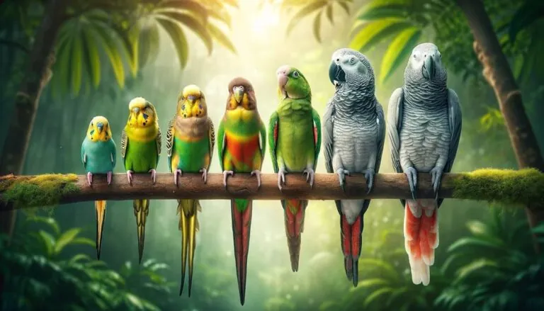 several parrots on a branch in order by size
