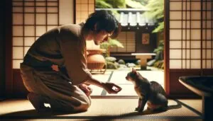 людина підзиває кота