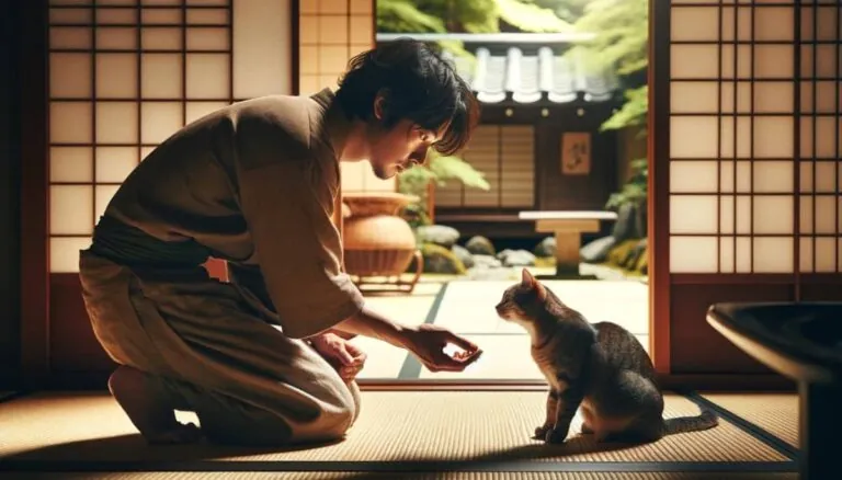 человек подзывает кота