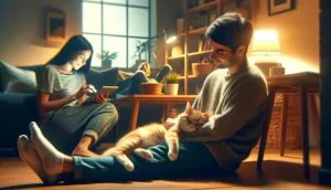 Кіт обрав свого господаря, спить в нього на колінах