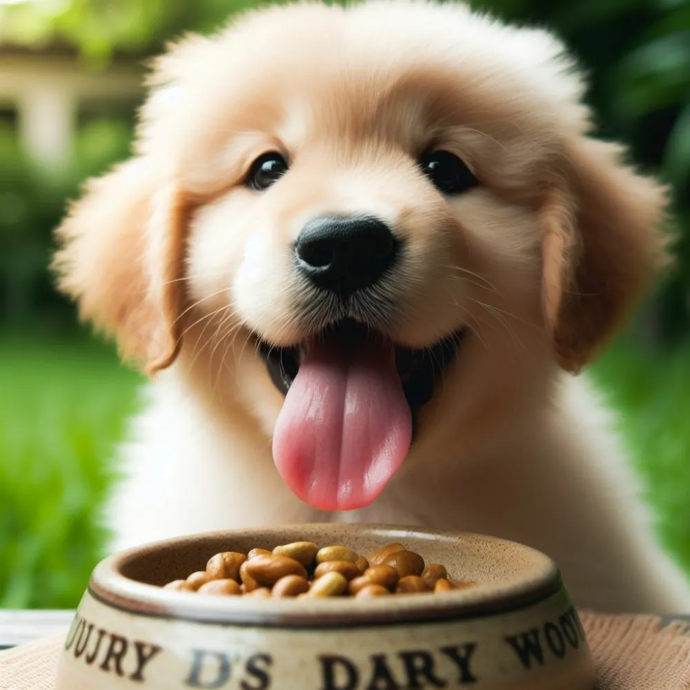 Маленьке цуценя з мискою корму