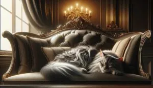 Роскошный кот лежит и спит на диване