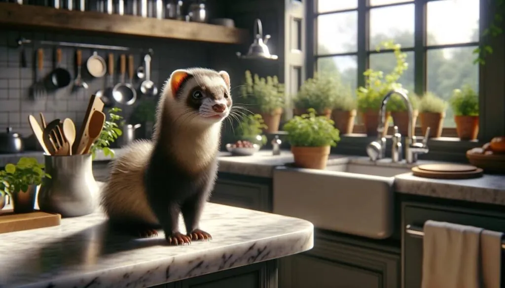 Хорек на кухонном столе