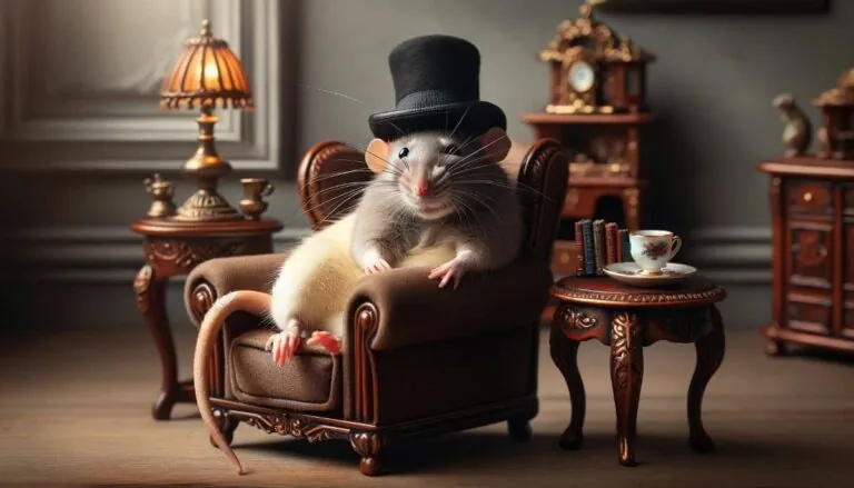 весела криса в капелюсі сидить в кріслі