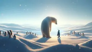 the polar bear looks at the penguin in surprise