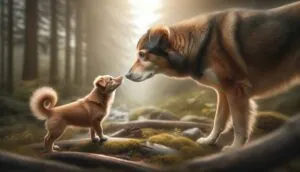 Щенок видит большую собаку и нюхает ее