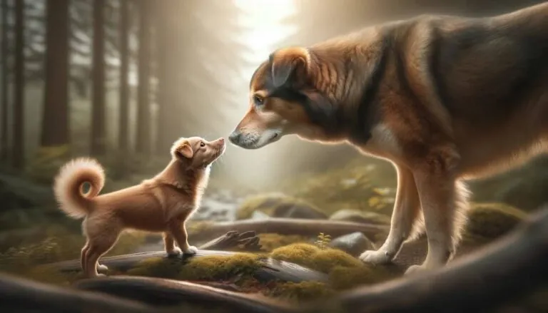 Щенок видит большую собаку и нюхает ее